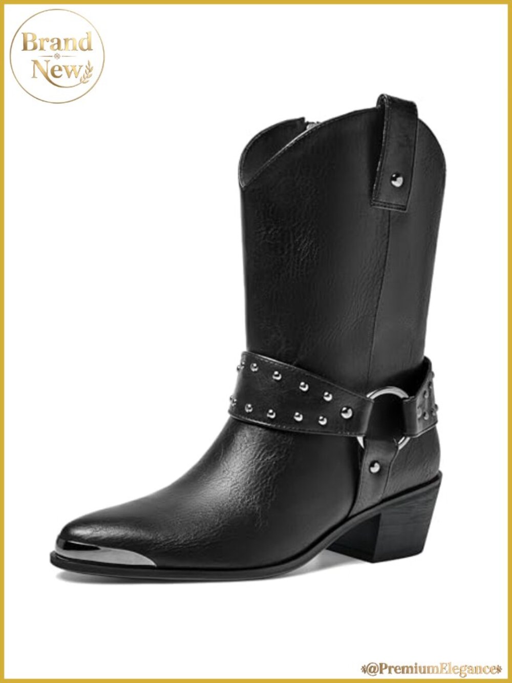 Women Harness Cowboy Boots Pointed Toe Western Ankle Boots Zip